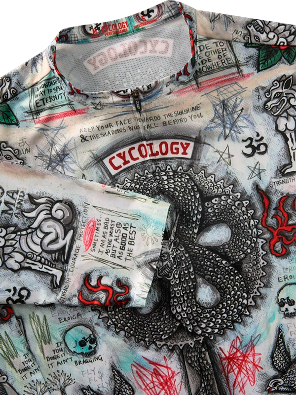 Close-up of Men's cycling jersey with intricate designs and symbols on a white background