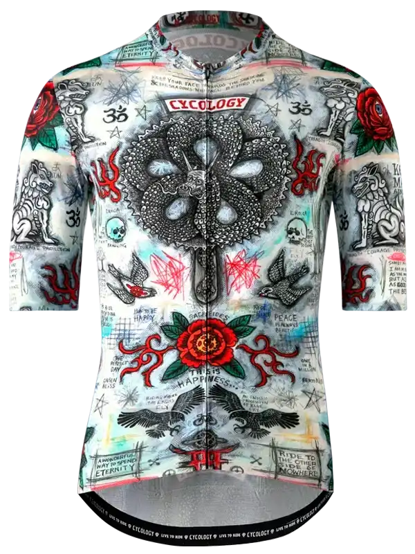 Men's cycling jersey with tattoo-style graphics, red roses, and bold designs for road biking