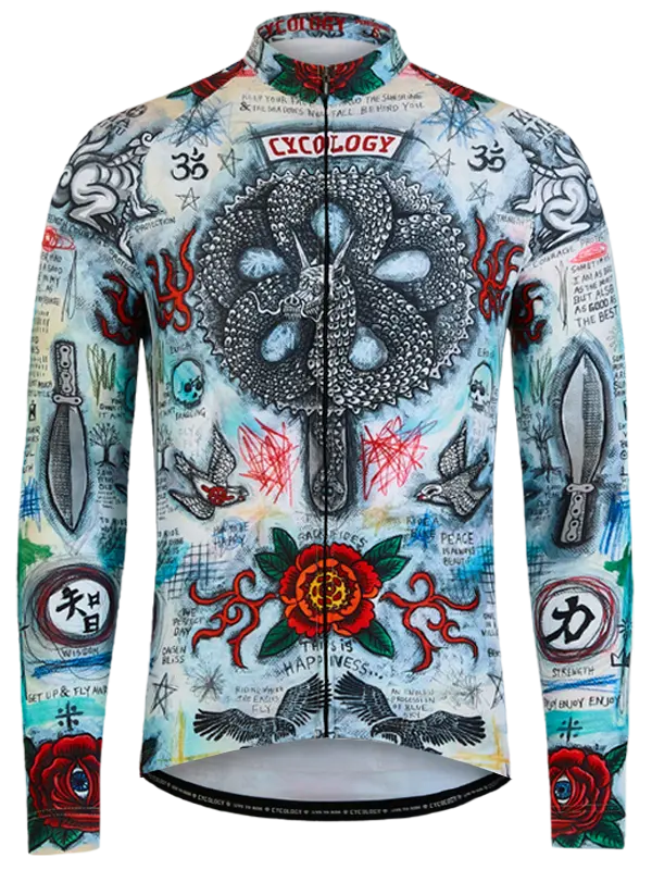 Maillot de cycliste coloré avec des motifs complexes et des logos de marque sur fond blanc