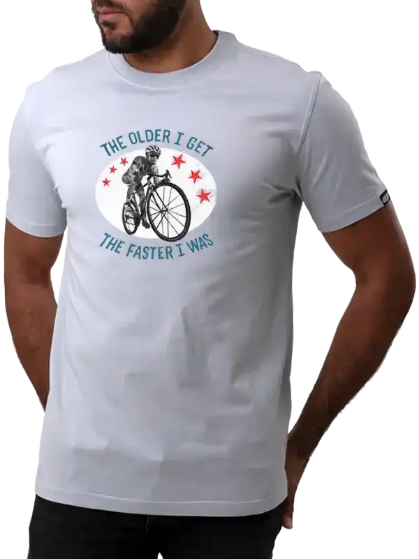 Men's cycling t-shirt with 'The older I get, the faster I was' graphic, featuring cyclist and stars design