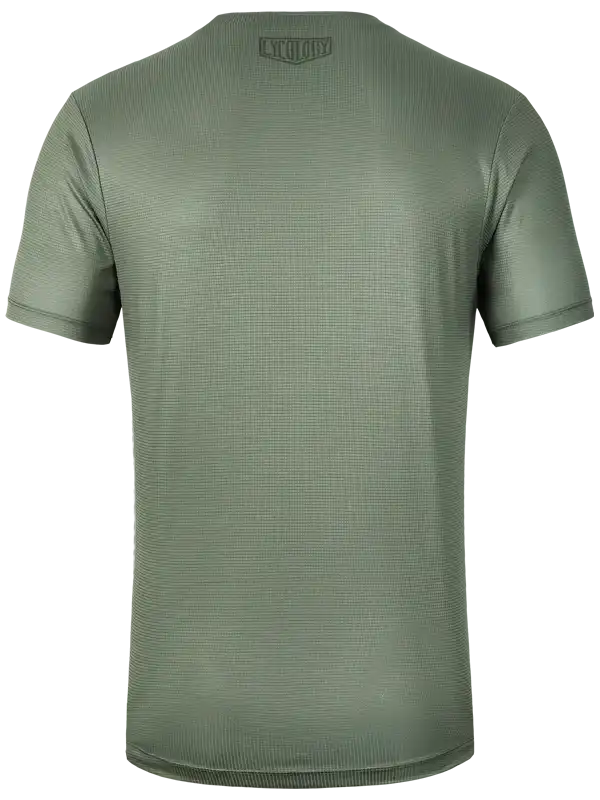 Olive green men's cycling jersey with subtle grid pattern and small back logo, designed for performance and comfort.