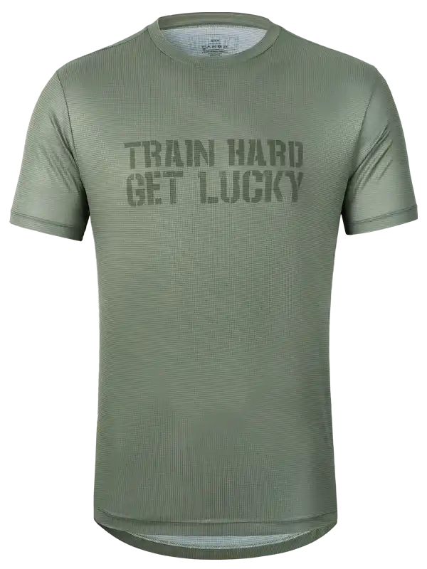 Olive green cycling jersey with 'Train Hard Get Lucky' print, breathable fabric for men's bike wear