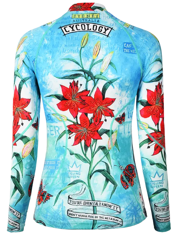 Cycling long sleeve base layer aqua with red floral design