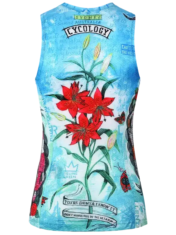 Women's cycling tank top with red lily print, butterflies, and 'Cycology' logo on blue background