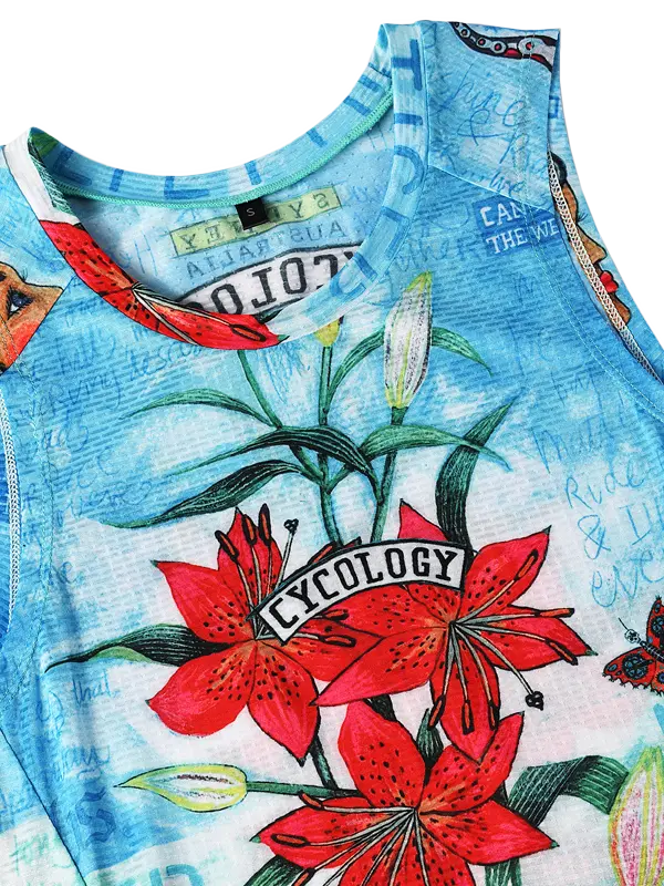 Aqua Sleeveless cycling base layer  with floral and butterfly design 