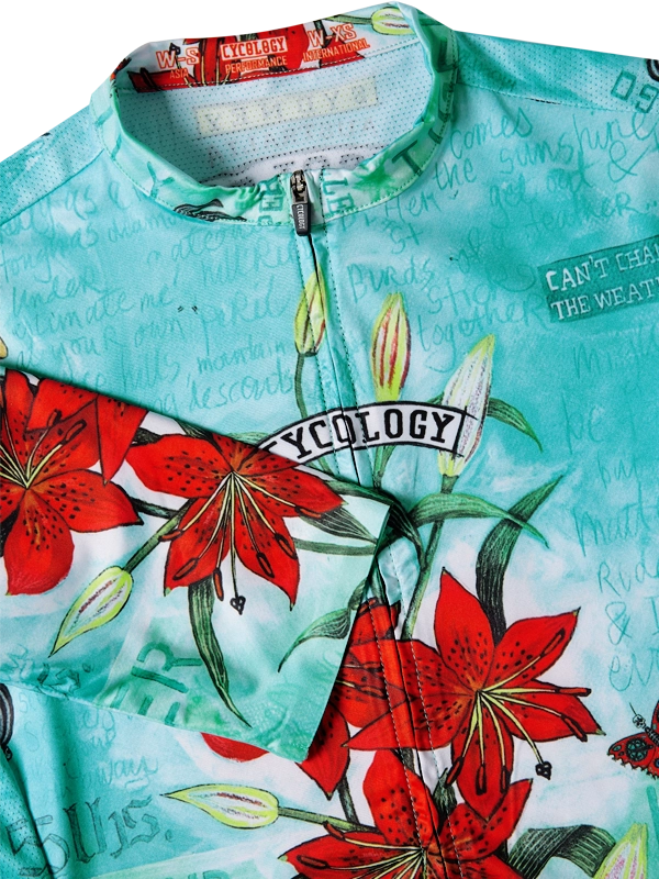 Aqua women's cycling jersey with red floral design 