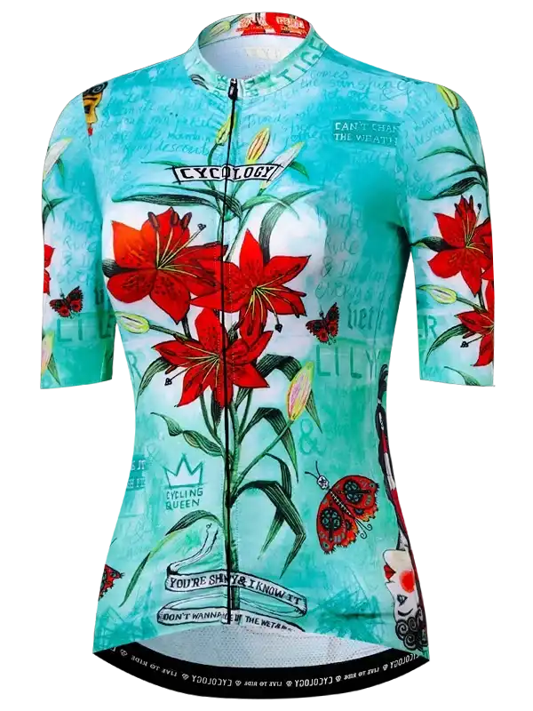 Women's cycling jersey with red lily print, floral design, and 'Cycling Queen' text on teal background