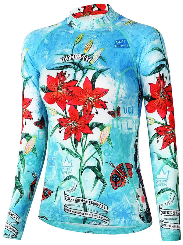 Cycling long sleeve base layer aqua with red floral design
