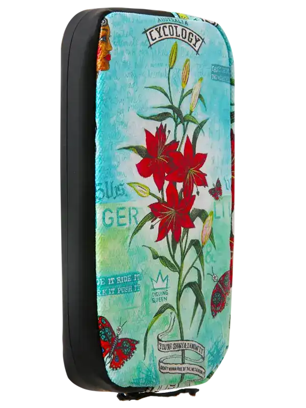 Cycology Clothing Tiger Lily cycling wallet with red lily and butterfly print on teal fabric