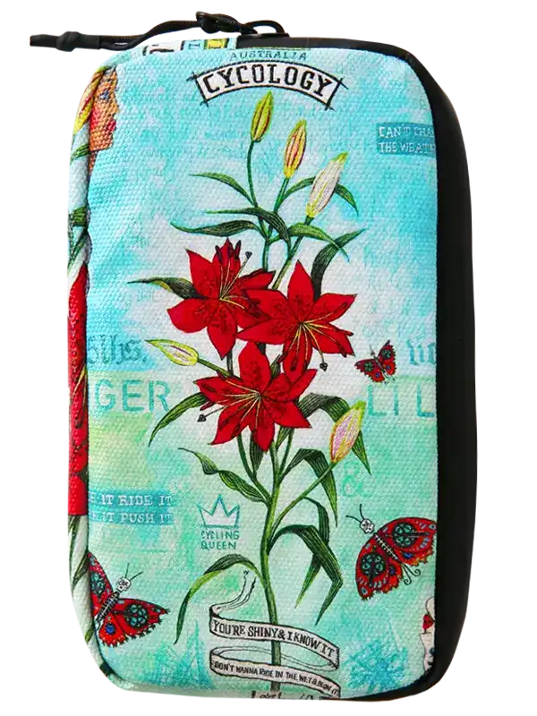 Tiger Lily Cycling Wallet by Cycology Clothing with red lily and butterfly design on teal fabric