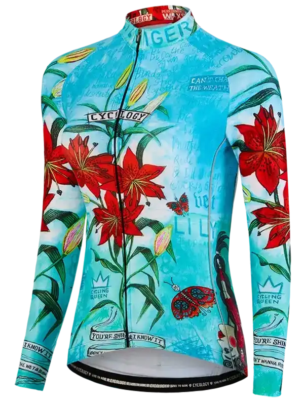 Women's long sleeve cycling jersey with red lily print, butterfly details, and 'Cycling Queen' text on turquoise background