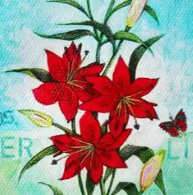 Red lily flowers with green leaves on a light blue textured background.