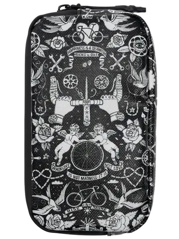Black cycling accessory pouch with white tattoo-style bike, roses, and angel designs for riders