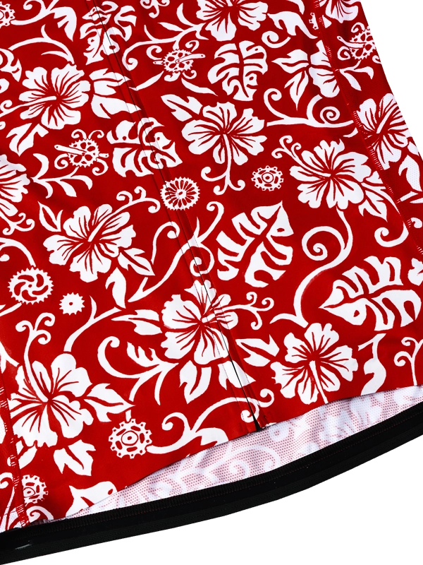 Red fabric with white floral and leaf pattern