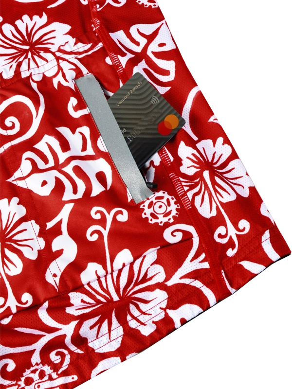 Red and white men's floral patterned long-sleeve cycling jersey with CYCOLOGY branding back pockets