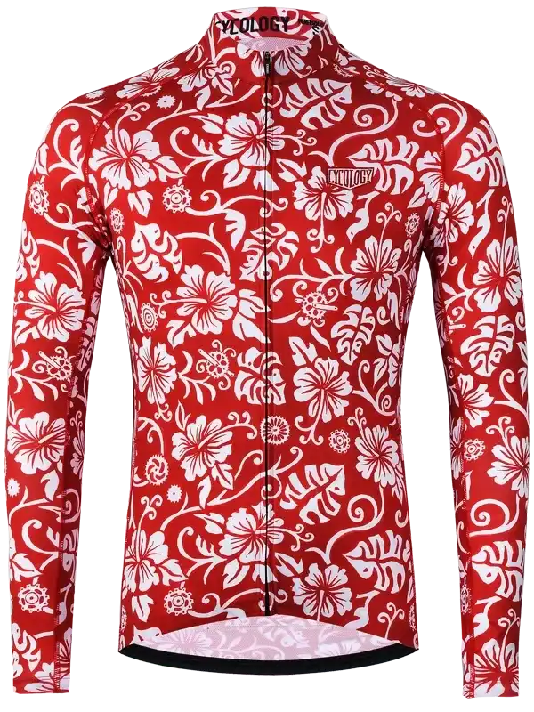 Red long sleeve cycling jersey with white floral pattern, full zip, men's bike wear