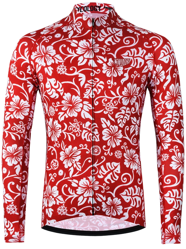Red and white men's floral patterned long-sleeve cycling jersey with CYCOLOGY branding 