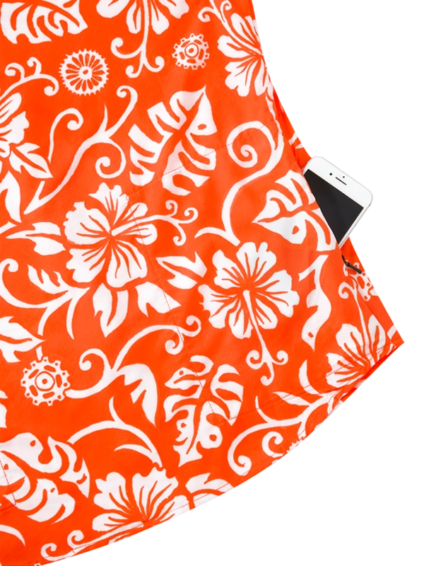 Orange Men's Gravel Shirt with white Hawaiian floral pattern side zip pocket