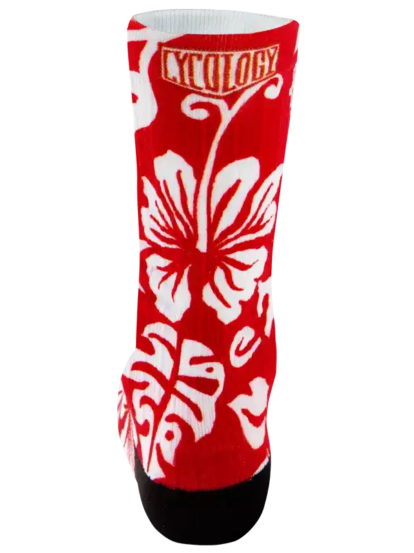 Red cycling sock with white hibiscus floral pattern and black toe, featuring 'CYCOLOGY' logo