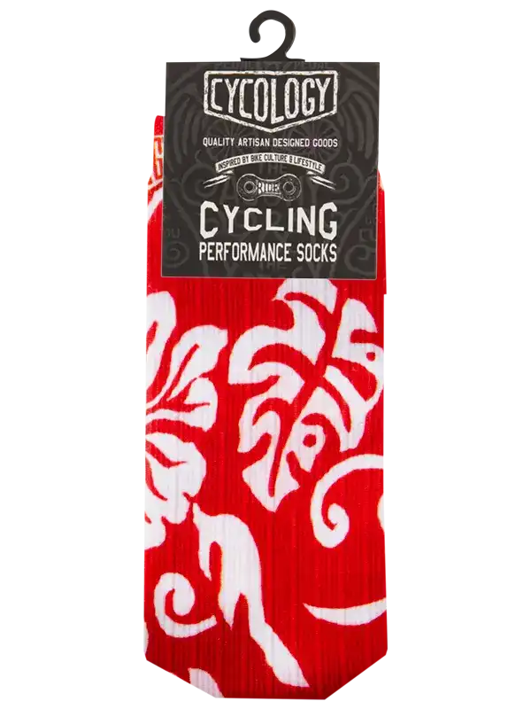 Red and white patterned cycling performance socks with branded tag