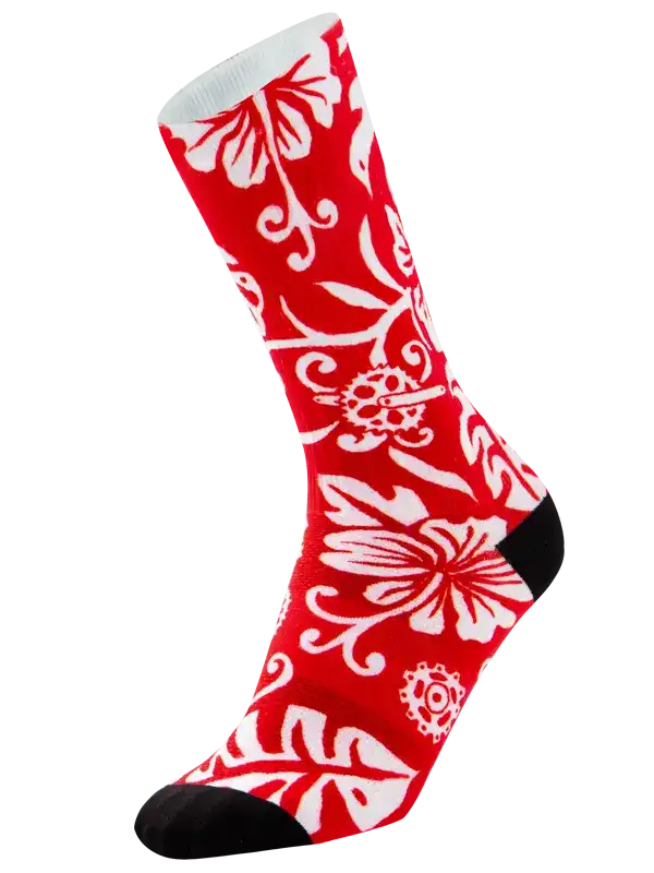 Red cycling sock with white floral and gear pattern, black toe and heel