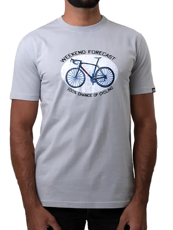 Gray t-shirt with bicycle graphic and text on a white background