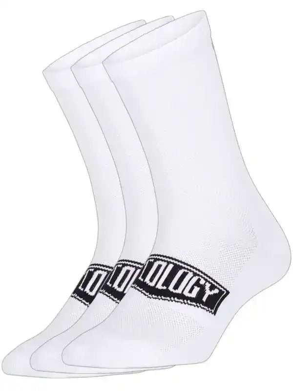 White cycling socks with black 'Cycology' logo band, breathable mesh design for men and women