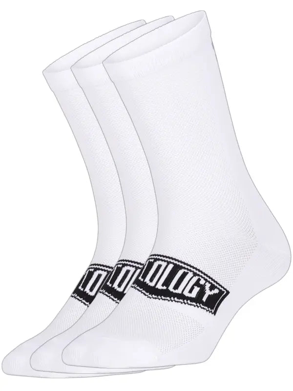 Three white cycling socks with a black Cycology logo 