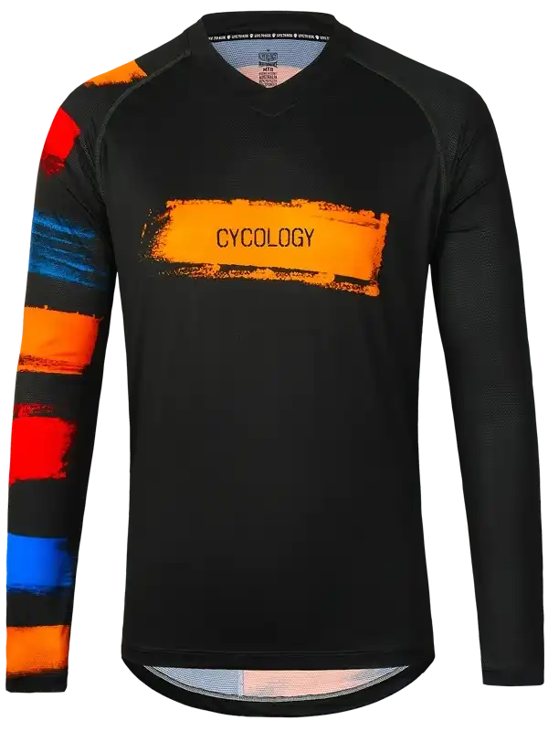 Black long-sleeve cycling jersey with bold orange, red, and blue brushstroke design and 'CYCOLOGY' logo