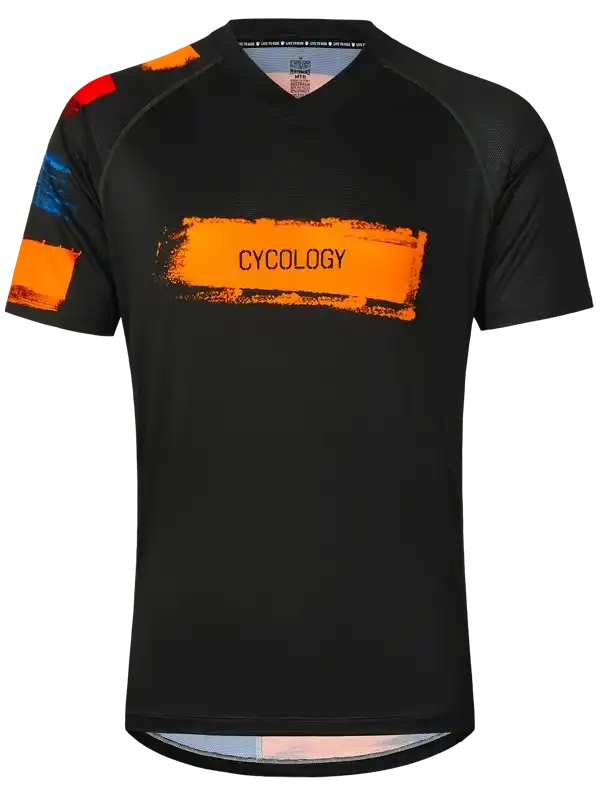 Black men's cycling jersey with bold orange CYCOLOGY print and colorful sleeve accents, designed for performance rides.