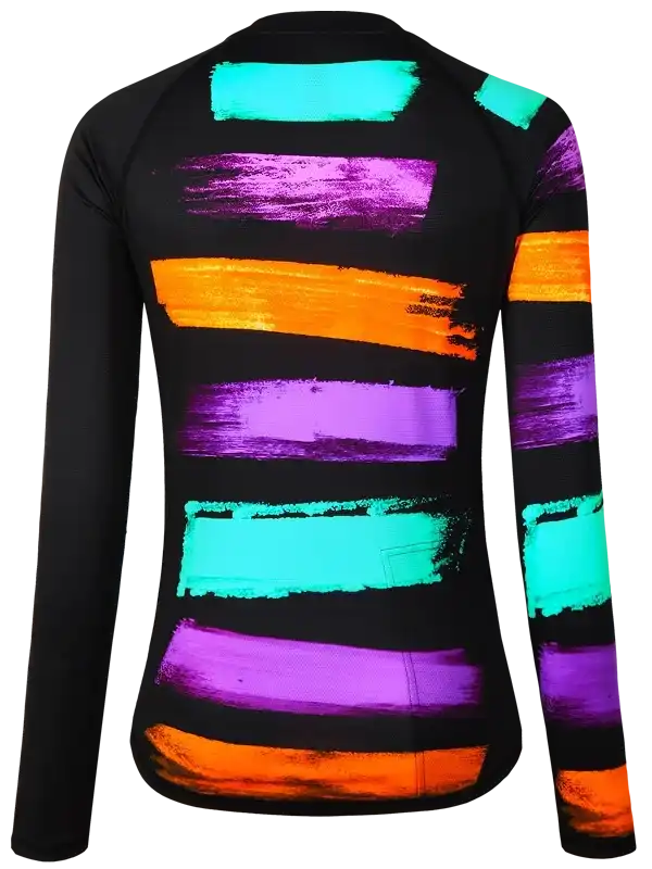 Women's cycling jersey with vibrant brushstroke stripes in purple, orange, and teal on black
