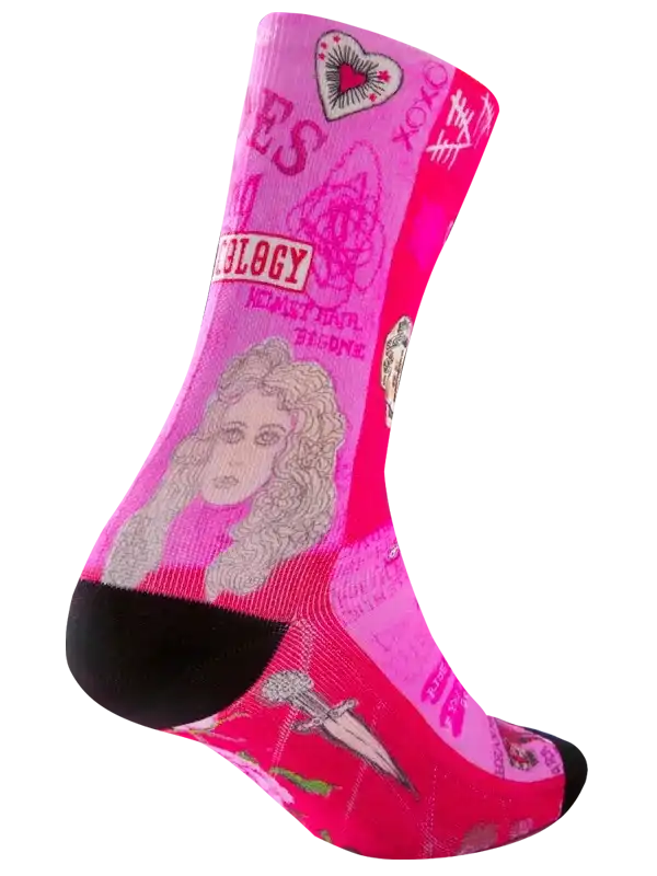 Pink cycling sock with graphic design, heart, and portrait for women's bike wear