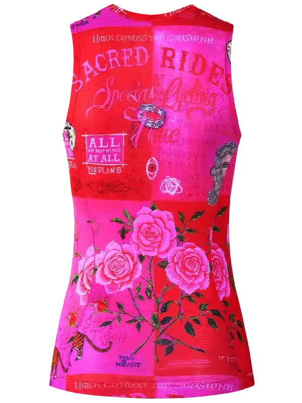 Women's cycling jersey with pink roses, bold text, and vibrant red-pink patchwork design for road rides.