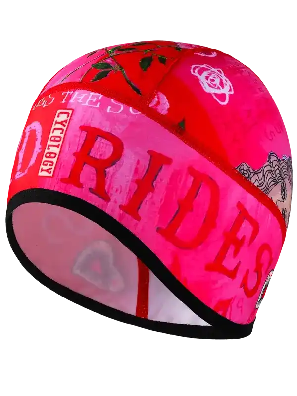 Pink cycling skull cap with rose print and 'RIDE' text, performance fabric for men and women