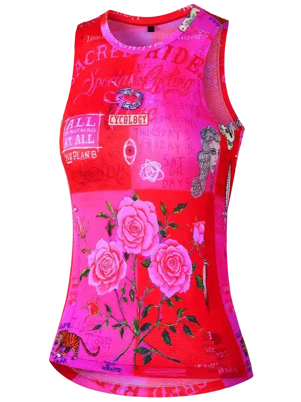 Vibrant pink cycling jersey with rose graphics and bold text designs for women's bike wear