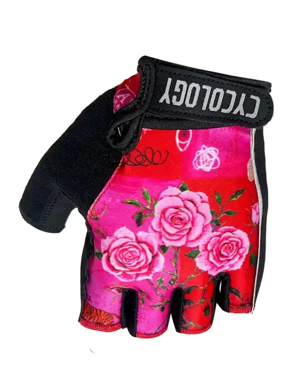 Pink floral cycling gloves with black accents and brand logo