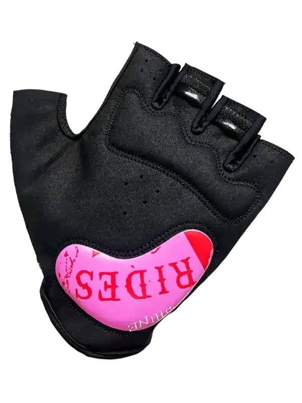 Black cycling glove with pink heart palm pad, red 'RIDES' text, fingerless design for bike rides