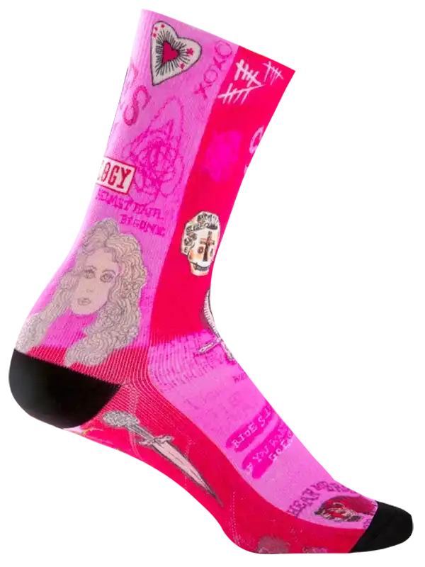 Pink cycling socks with pop art design, hearts, and portraits for men and women