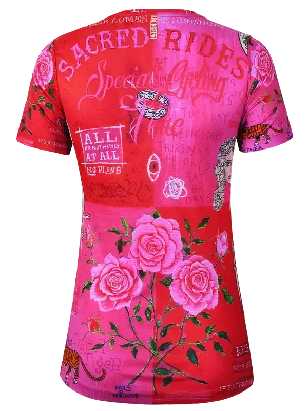 Vibrant pink cycling jersey with rose graphics and bold text designs for women's cycling apparel