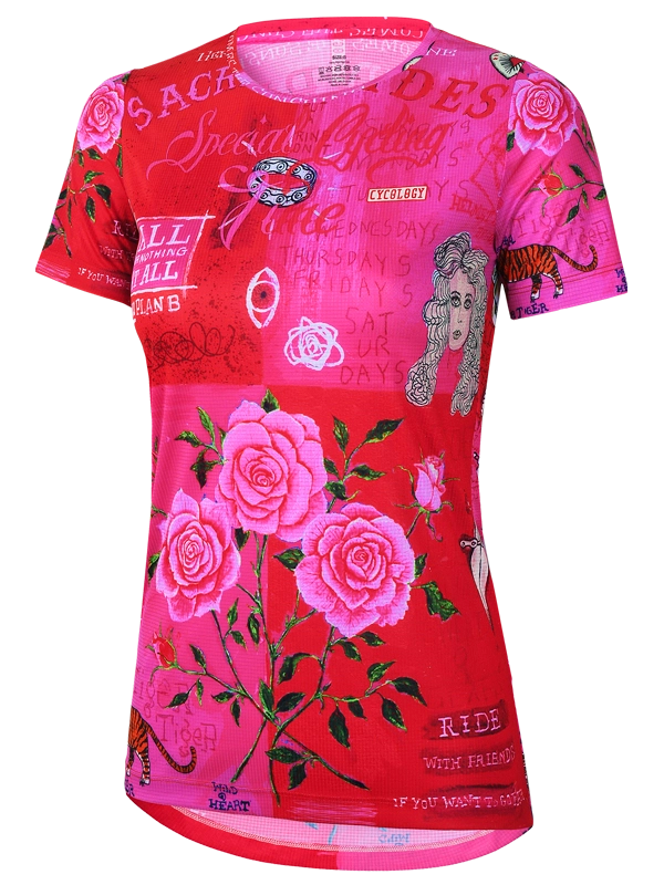 Women's Red and Pink Tech t-shirt with pink floral designs and text