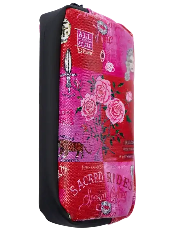 Pink and red cycling accessory pouch with rose, tiger, and 'Sacred Rides' print design