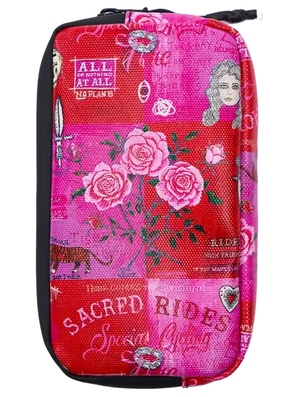 Pink and red cycling accessory pouch with floral and text design, featuring roses and 'Sacred Rides' print