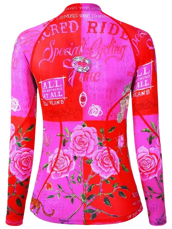 Women's long sleeve cycling jersey with pink roses and bold graphic text design