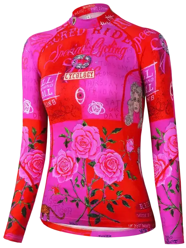 Women's long sleeve cycling jersey with pink roses and bold graphic print, ideal for road biking