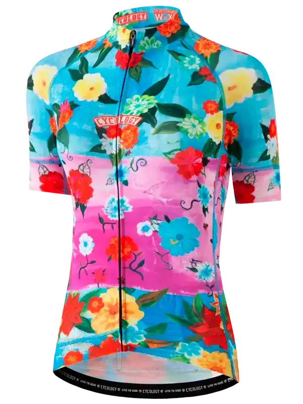 Women's floral cycling jersey with vibrant blue and pink print, short sleeves, full zip front