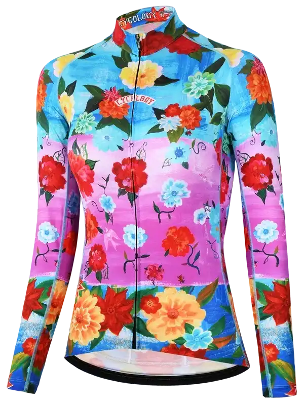 Women's floral cycling jersey with vibrant flowers, long sleeves, and full zipper for bike rides