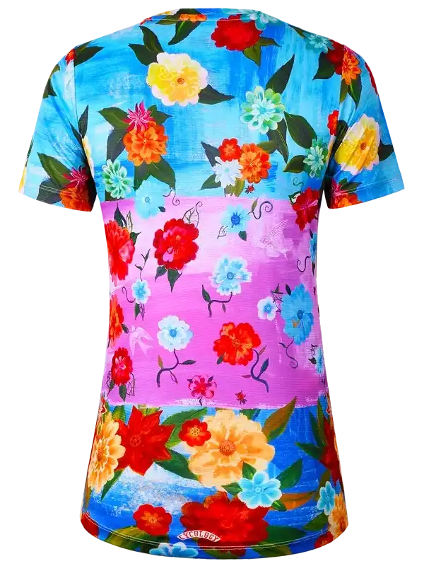 Women's floral cycling jersey with vibrant blue and pink print, short sleeves, and performance fabric