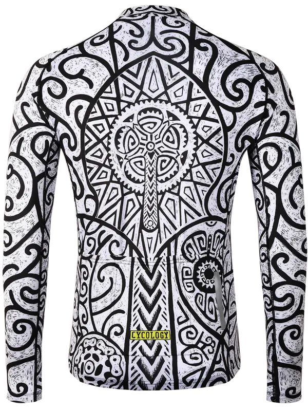Zanzibar Men's White Long Sleeve Summer Cycling Jersey in  black and white geometric pattern on a white background