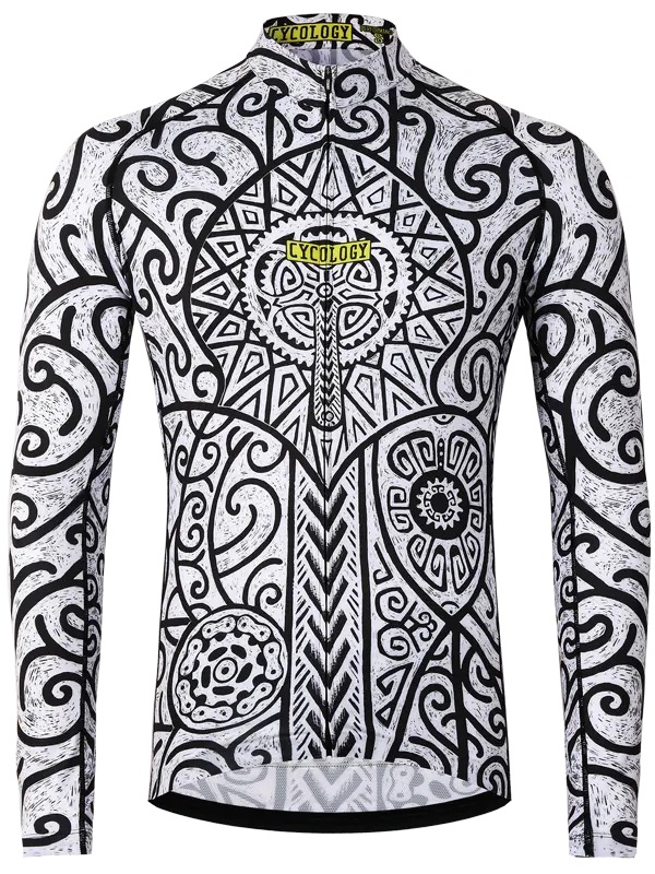 Zanzibar Men's Black and white patterned long-sleeve cycling jersey  with Cycology brand logo on a white background