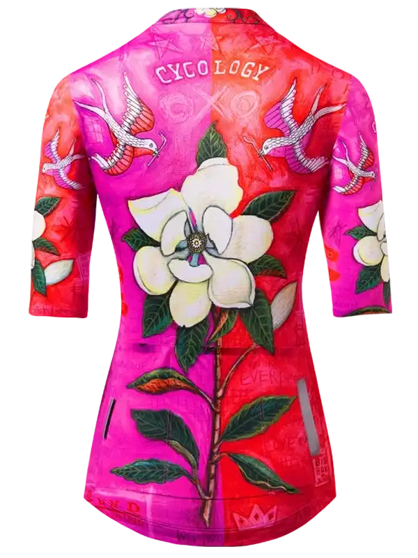Women's cycling jersey with floral and bird print, vibrant pink and red design, 3/4 sleeves